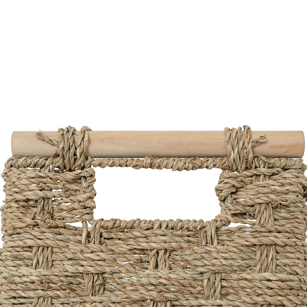 Ръчно плетена-Естествена Правоъгълна-Кошница-С-Дървена-Дръжка