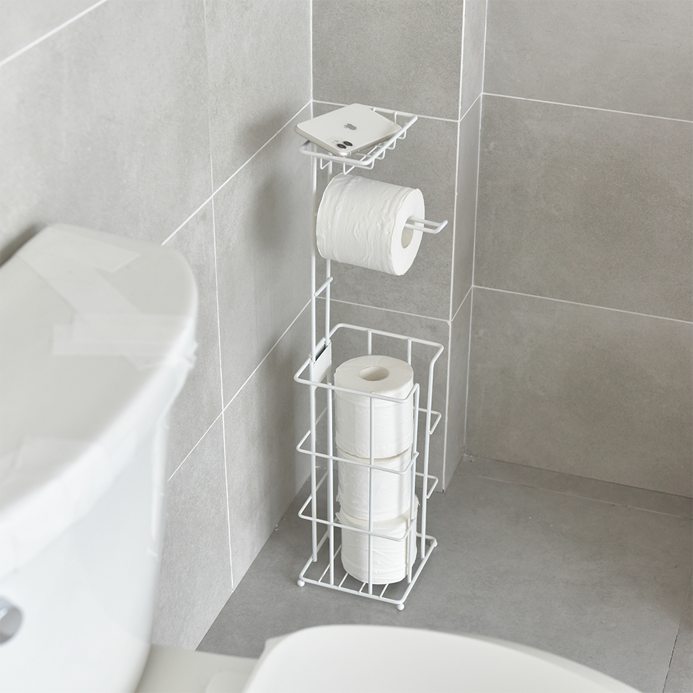 Free Standing Bathroom Toilet Tissue Roll Holder and Dispenser with Storage Shelf